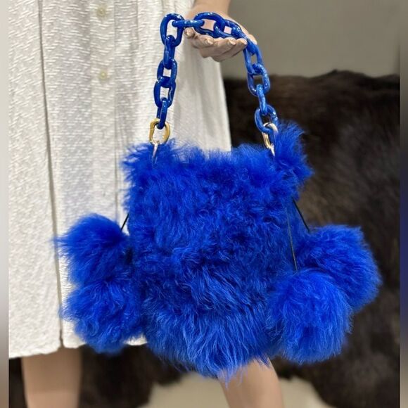Multi Style Use Handmade Real Shearling Drawstring Bucket Bag with 4 Fur Balls - Picture 5 of 17